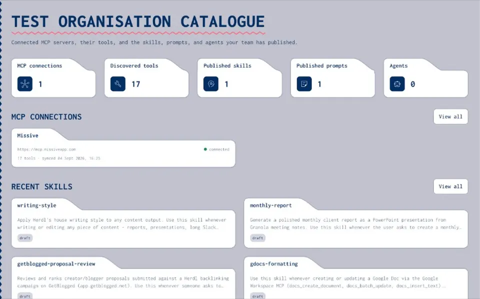 Joyst organisation catalogue — MCP connections and recent skills