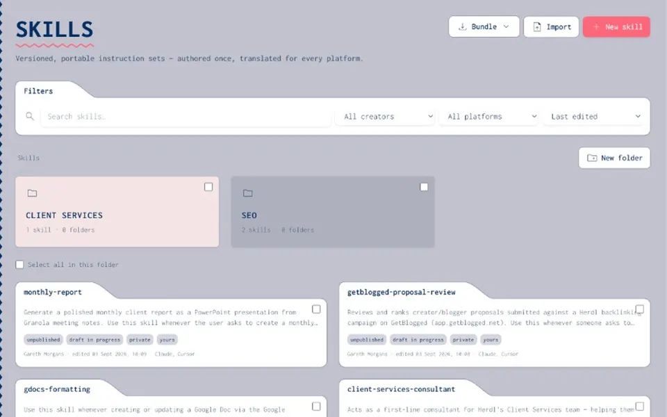 Skills catalogue with folders and draft skills in Joyst